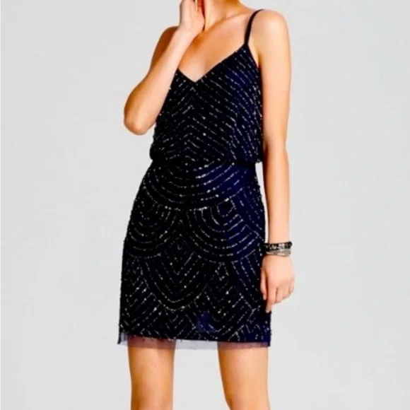 Adrianna Papell Womens Beaded Sleeveless Cocktail Dress Black 8
